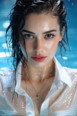 atractive-girl-pool-background-wet-white-shirt-neckline-detailed-skin-texture-waterdrops-on-fac-395779260