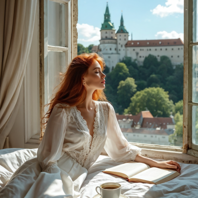 beatifull-ginger-woman-on-bed-full-body-white-blouse--bratislava-castle-behind-window-beautiful--979024823