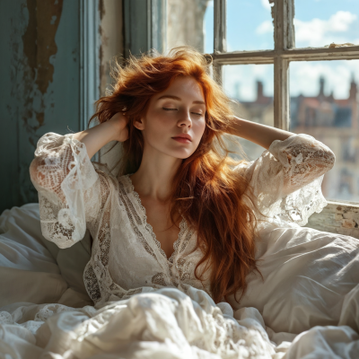 beatifull-ginger-woman-on-bed-full-body-white-lace-blouse-hands-in-hair-blurry-old-city-behind-t-441179931