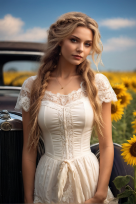 beautifull-victorian-girl-in-lace-clothing-in-sunflower-field-old-car-and-tree-in-background-cleav-300903007