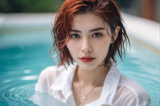 one-attractive-girl-with-red-short-hair-pool-background-wet-white-shirt-big-neckline-textured-fa-368900872