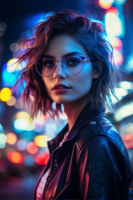 portrait-girl-with-a-poker-face-short-messy-hair-and-glasses-facing-the-bustling-street-nightlife-845936831