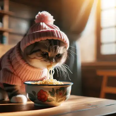 1_DALL·E 2024-01-25 08.13.41 - a photograph of a domestic short-haired cat, eating noodles from a painted bowl, the bowl held in its paws, wearing a pink hat, set against a backgrou